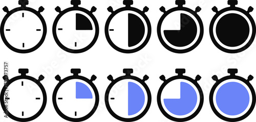 stopwatch timer progress icon set, time counting vector illustration