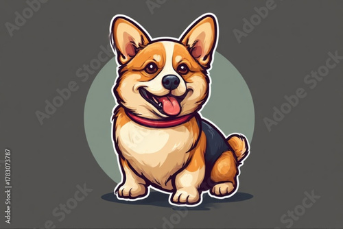 A cheerful cartoon corgi dog with a red collar, smiling happily.