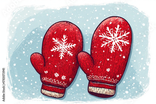 Two red mittens with white snowflake designs against a snowy blue background.