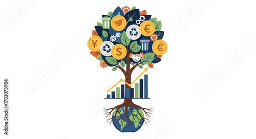 Vibrant conceptual image of a money tree, its roots embracing the globe, symbolizing sustainable financial growth, global investment, and environmental economic prosperity