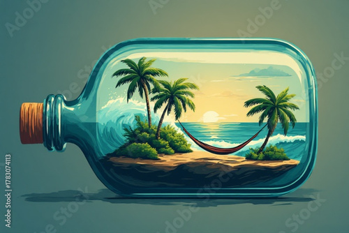 A tropical island scene with palm trees and a hammock inside a glass bottle, with a sunset background.