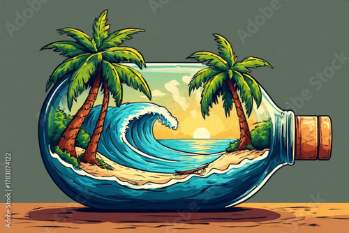 A tropical beach scene with palm trees and ocean waves enclosed inside a bottle.