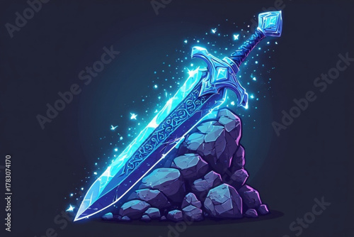 A glowing, crystal-like sword is embedded in a pile of rocks.