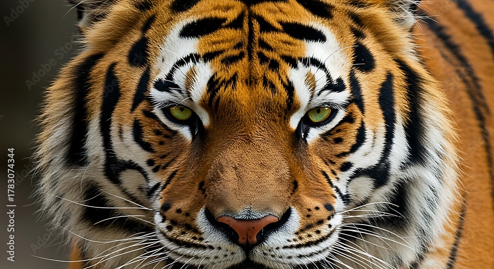 Naklejka premium Close-up portrait of a majestic Bengal tiger with piercing green eyes.