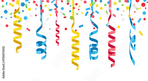 Vibrant falling confetti and colorful streamers creating a festive atmosphere for any celebration or special event with abstract shapes