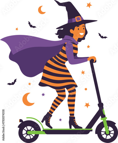 Joyful witch rides electric scooter through moonlit Halloween night