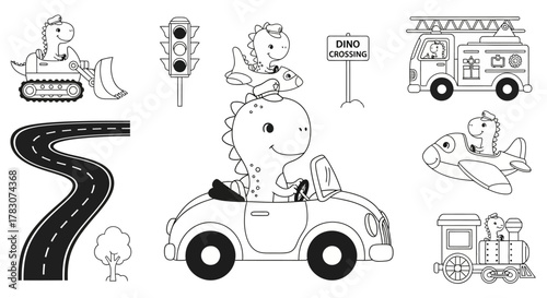 Playful Dinosaur Characters Engaging in Fun Vehicle Adventures on Roads and Rails, Ideal for Children's Coloring Activities