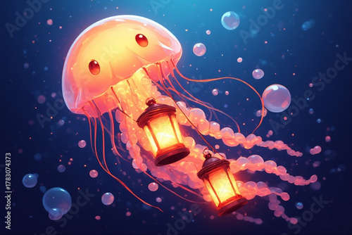 A whimsical jellyfish swims in the ocean, carrying two glowing lanterns beneath its bell.