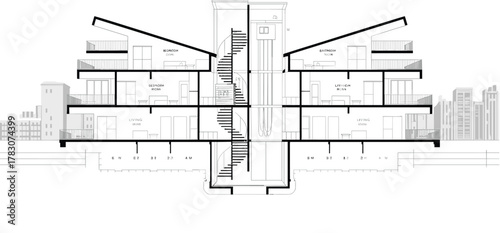 Modern building sectional drawing, multi-level architectural elevation, residential apartment floor plan, interior design, black white vector illustration layout