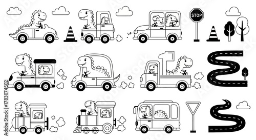 Set of cute cartoon dinosaurs driving cars and trains, black and white vector illustration for coloring book
