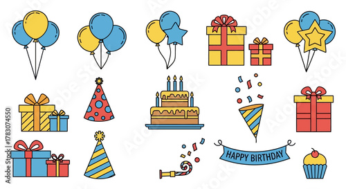 Delightful collection of birthday party celebration elements, featuring festive balloons, wrapped gifts, party hats, and decorated cake for joyful event planning