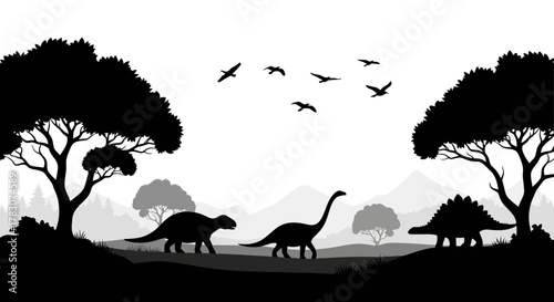 Silhouette of a herd of dinosaurs including a Brachiosaurus and Stegosaurus in a prehistoric landscape