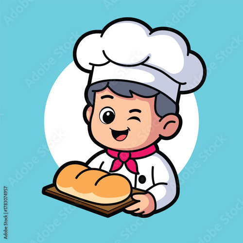 Cute boy baker cartoon character in kawaii vector style holding bread, adorable cooking illustration for bakery, cafe, culinary logo, and children’s food design projects.