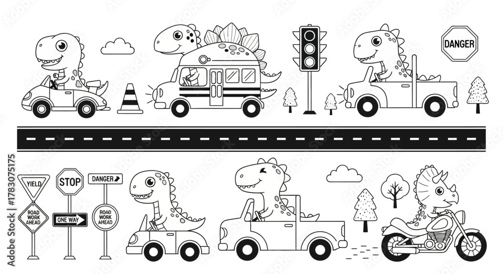 Obraz premium Adorable Cartoon Dinosaurs Driving Various Vehicles on the Road with Traffic Signs and Lights – Black and White Outline Illustrations Set for Kids