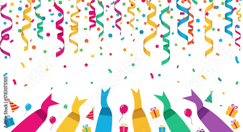 Festive celebration vector background with colorful confetti, elegant streamers, and abstract hands holding party items
