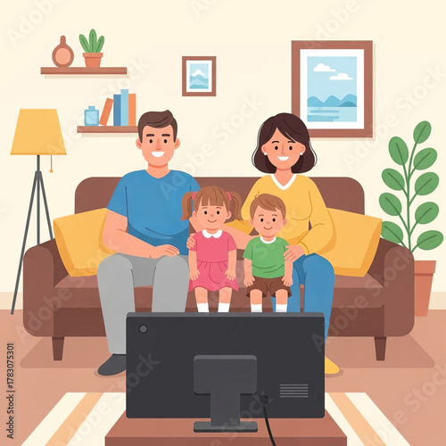 Family watching TV together in the living room, sitting on the couch.