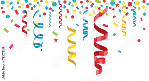 Colorful confetti and streamers falling down for party celebration