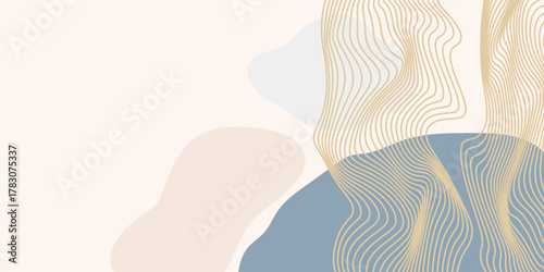 Abstract luxury background wavy gold gradient lines and organic shapes pastel earth tone colors. Minimal modern design template with space for text. Vector illustration.