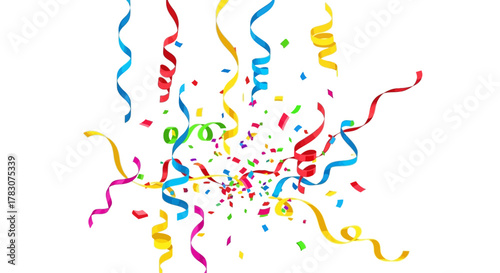 Vibrant party streamers and confetti exploding against a clean white background for a festive celebration