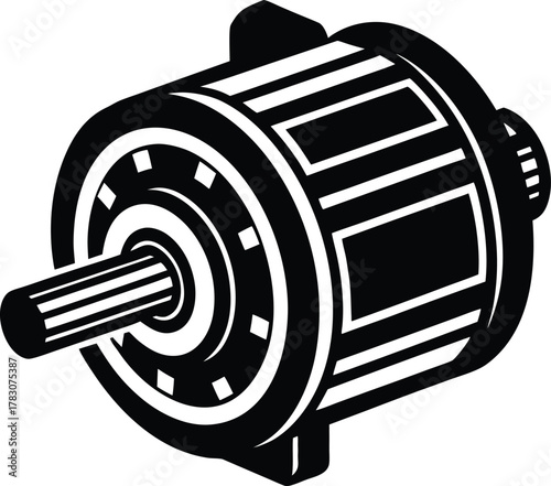 Industrial electric motor with a rotating shaft is presented in an isometric view