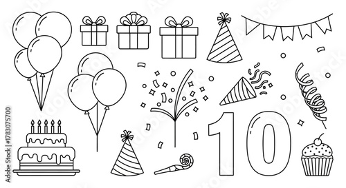 Celebration vector illustration of birthday cake, balloons, gift boxes, party hats, confetti, and the number 10