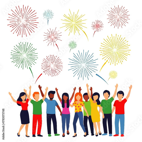 Diverse Group of People Celebrating with Fireworks.