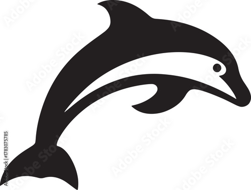 Minimalist dolphin silhouette in black isolated on white background, simple marine mammal illustration design for ocean wildlife and aquatic nature concept