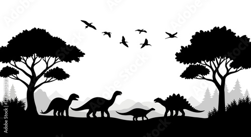 Majestic Prehistoric Wildlife Scene with Dinosaurs and Birds Silhouetted in a Lush Ancient Landscape Design Element