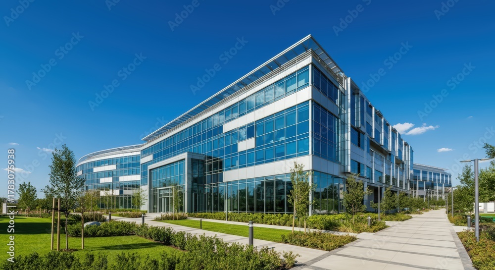 Fototapeta premium Modern Office Building With Glass Facade And Green Landscape Under Blue Sky