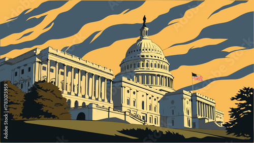 Washington dc skyline captures the united states capitol building beautifully illuminated, perfect for travel, patriotic, and architectural design projects.