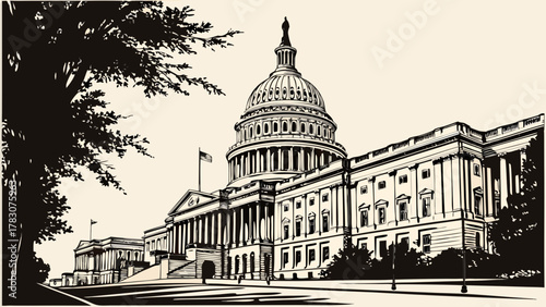 Skyline of washington dc, united states capitol buildings, iconic dome through lush trees  ideal for travel brochures and website headers.