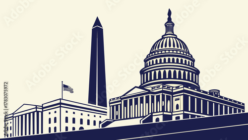 Washington dc skyline with us capitol, washington monument, and flag dominate the view. Perfect for patriotic designs and travel themes.
