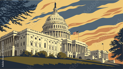 Iconic washington dc skyline featuring us capitol building with american flag suitable for patriotic backgrounds, travel websites, american governmentrelated projects.