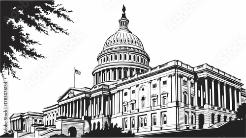 Washington dc skyline frames the us capitol building, iconic dome. Suitable for travel brochures, political websites, patriotic designs.