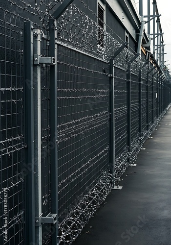Barbed Wire Fence along a Building Perimeter.
