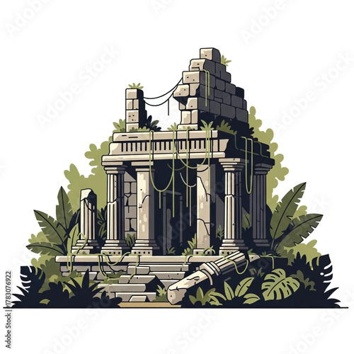 Ancient stone ruins overgrown with lush green jungle foliage, depicting a lost civilization.