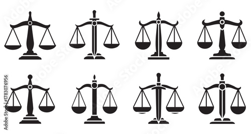 Scales of justice shape set collection pack black icon silhouette vector flat illustration design on white background