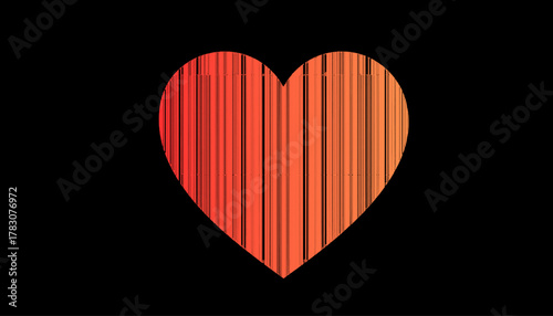 Modern orange heart with vertical stripes on a striking black background. Bold abstract design combines vivid color and linear texture, creating a unique symbol of love and emotion for stylish graphic