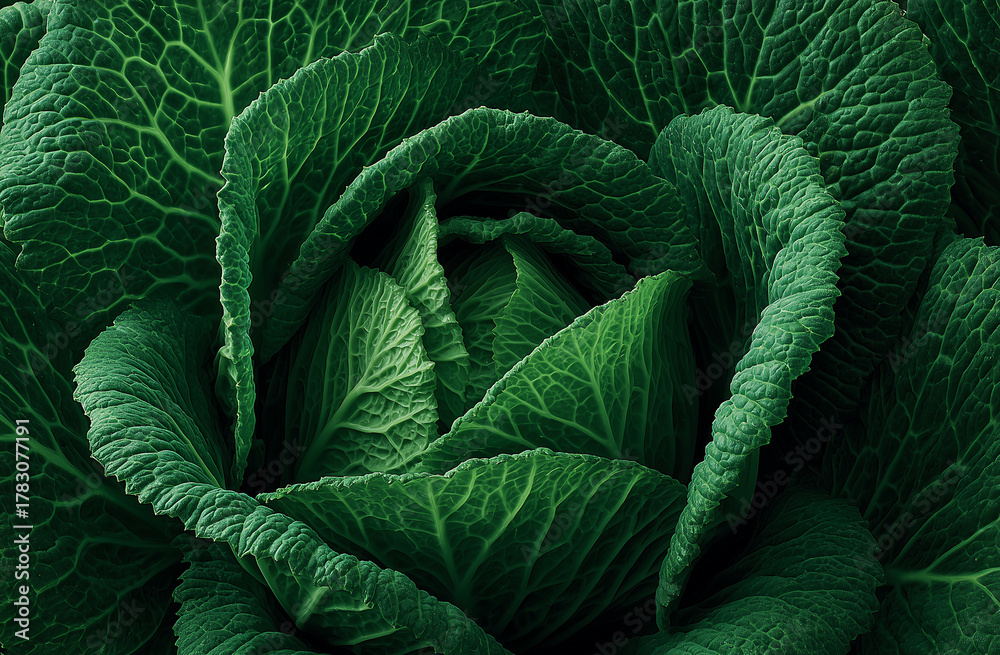 Obraz premium Close-up of vibrant cabbage leaves, highlighting fresh texture, natural growth, and life, symbolizing organic vitality and health
