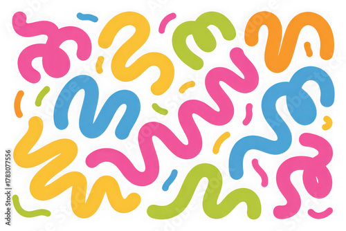 Dynamic abstract pattern with vibrant wavy lines and confetti shapes isolated on transparent background