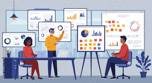 Business Presentation Meeting – Team Discussing Data Analytics and Performance Metrics in Office