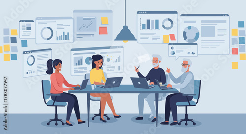 Creative Co-Working Space Illustration – Team Collaboration with Laptops, Charts, and Comfortable Furniture