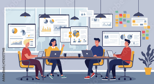 Creative Co-Working Space Illustration – Team Collaboration with Laptops, Charts, and Comfortable Furniture