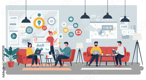 Creative Co-Working Space Illustration – Team Collaboration with Laptops, Charts, and Comfortable Furniture