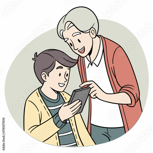 Joyful grandfather shares tablet screen with smiling grandson, fostering connection and learning together