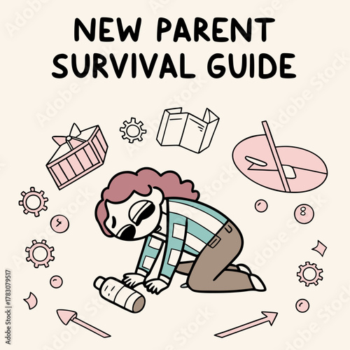 Overwhelmed new parent fumbling with a baby bottle, searching for the ultimate survival guide essentials.