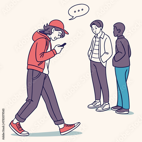 Teenager engrossed in smartphone walks past friends who seem left out, showing digital distraction and social disconnect.