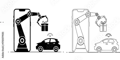 AI Robotic Arm Delivers E-commerce Package to Connected Car, Representing Automated Online Shopping, Smart Vehicle Technology, and Futuristic Mobility Services