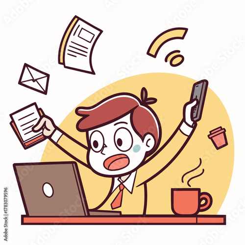 Overwhelmed businessman juggling tasks with laptop, phone, and flying documents