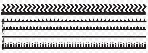 Vector set of black scalloped border divider and ornament edge isolated on Transparent background. Scalloped edge borders and dividers. EPS 10.
